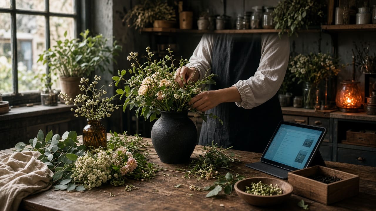 A neighbourhood florist works an order at a worktable with a tablet propped beside the flowers