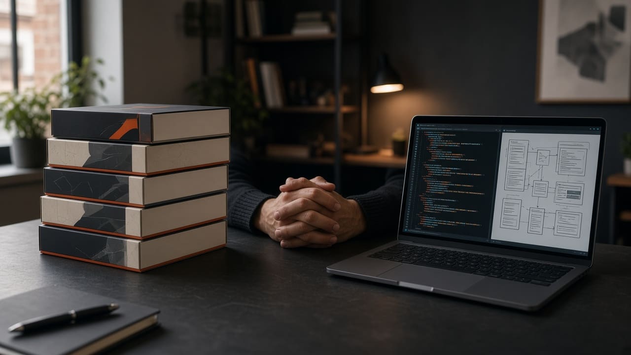 A laptop on a wooden desk beside a plain software box, photographed from above with no person in the frame