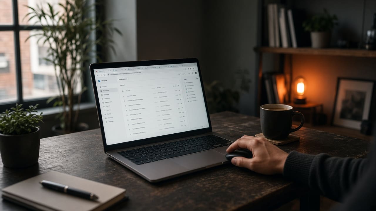 A laptop running an off-the-shelf app on a small office table