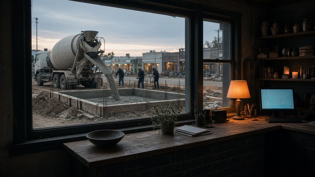 Through a shop window, a concrete foundation being poured outside at dusk