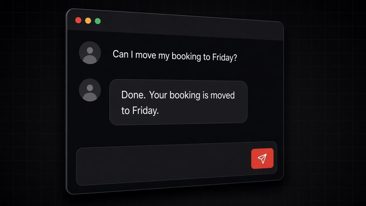 Three task cards for a follow-up, an order lookup, and a booking, each with a checked step.