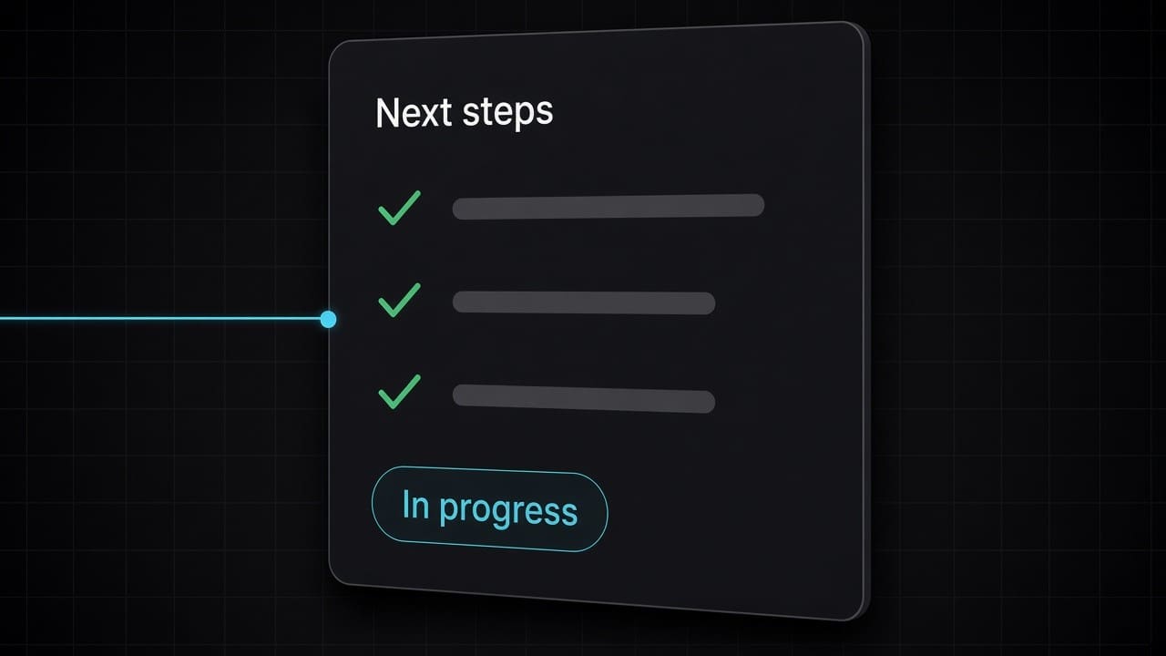 Workflow timeline from a customer message through a checked step to a completed action.
