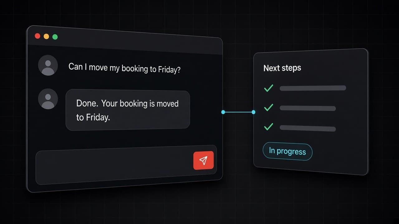 Dark chat console with a customer thread, a reply field, and a checklist of next steps.