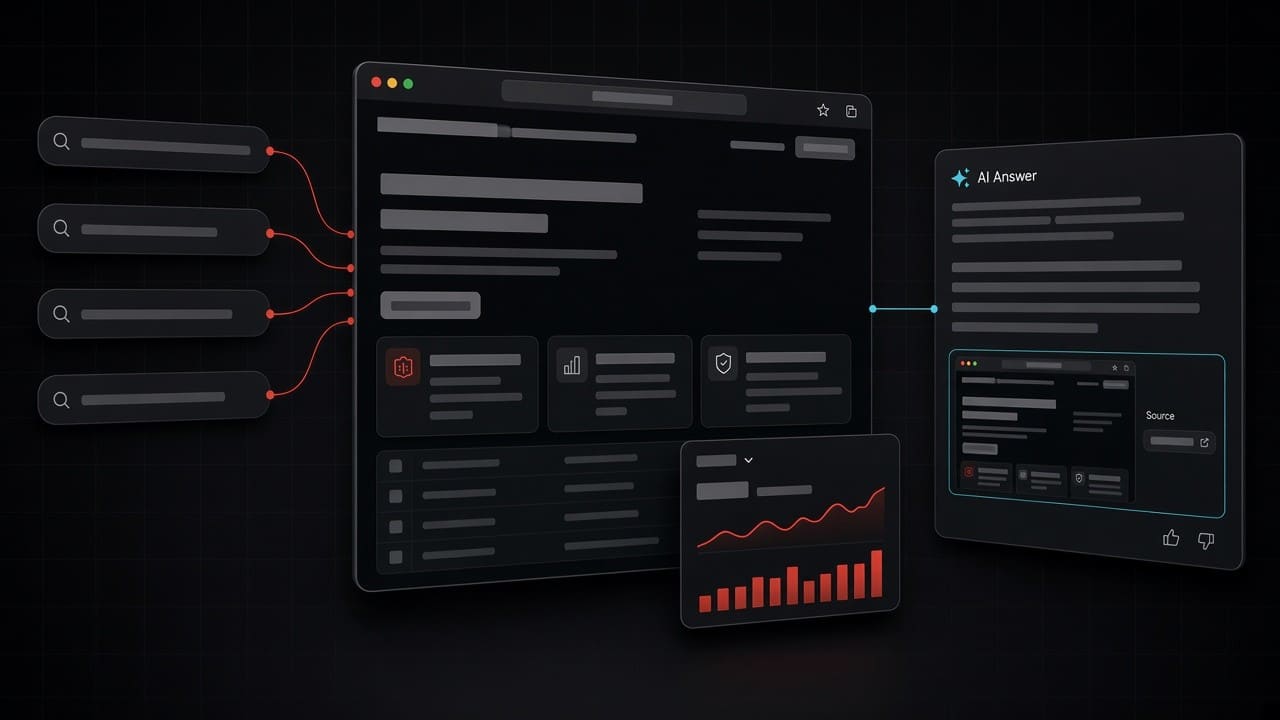Visibility dashboard with a query, an answer preview, and a measure of where the page shows.
