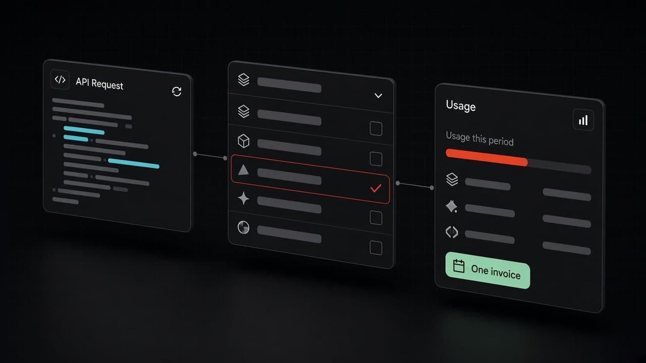 Model picker with several model names and one usage meter for the bill.