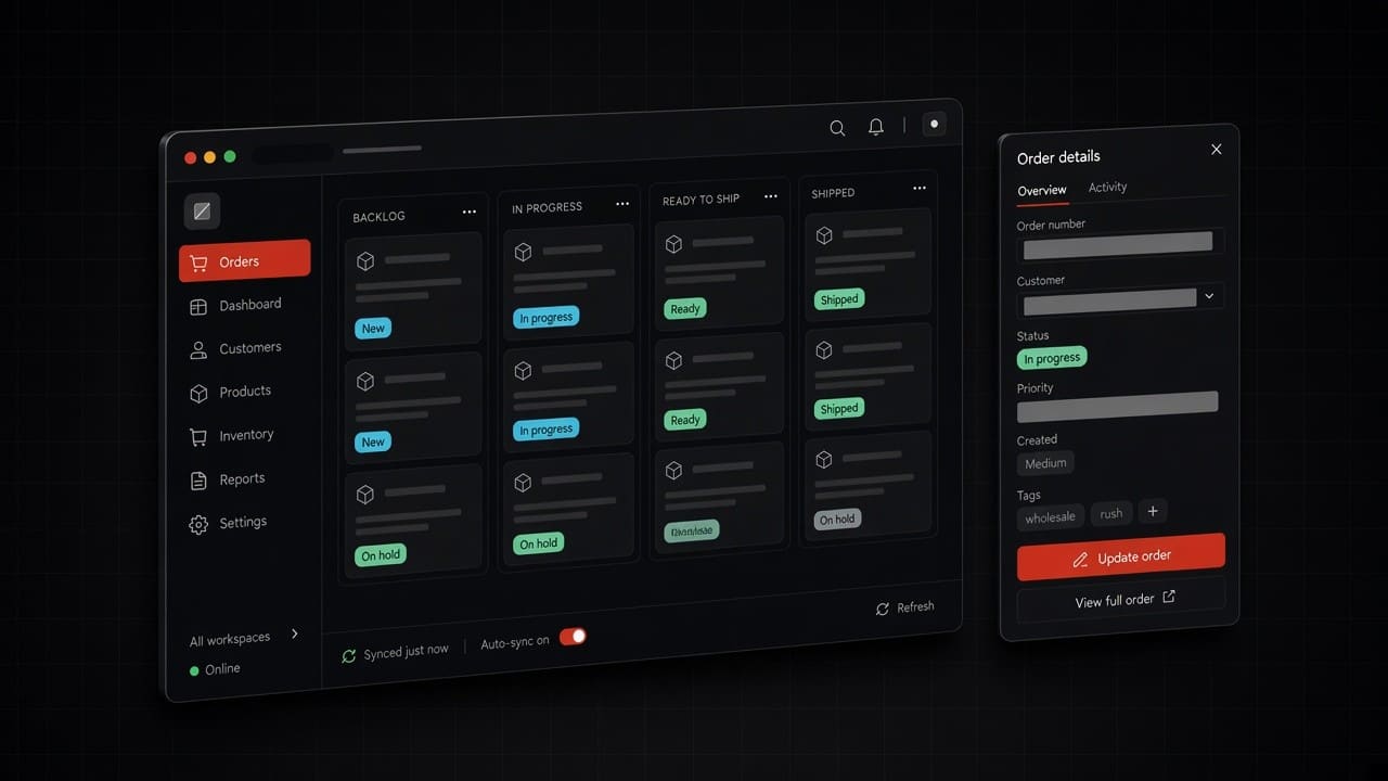 App canvas with a sidebar, a main workspace, and a status strip.