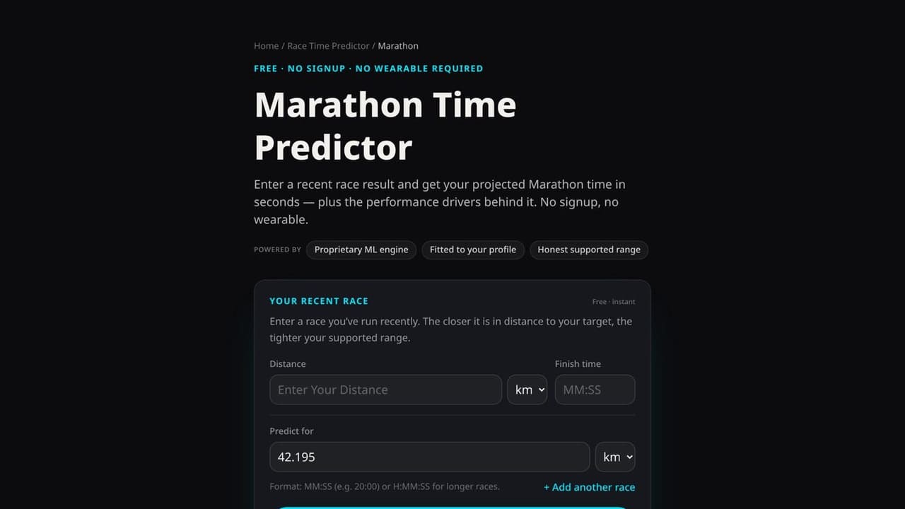 The PIRX marathon time predictor on pirx.ca, with a form for a recent race and notes on its machine learning engine and supported range.