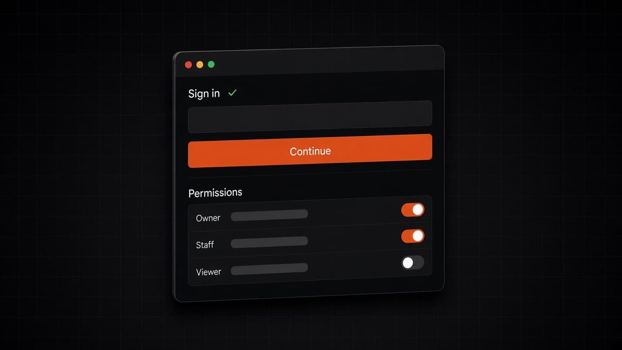 Sign-in panel with a Continue button above a permissions list with role toggles for owner, staff and viewer.