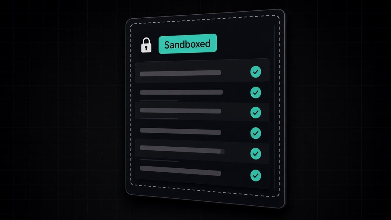 Execution log with a passed check and the sandbox boundary around the output.