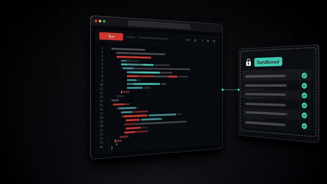 Sandbox window with a code pane, a run button, and an isolated output panel.