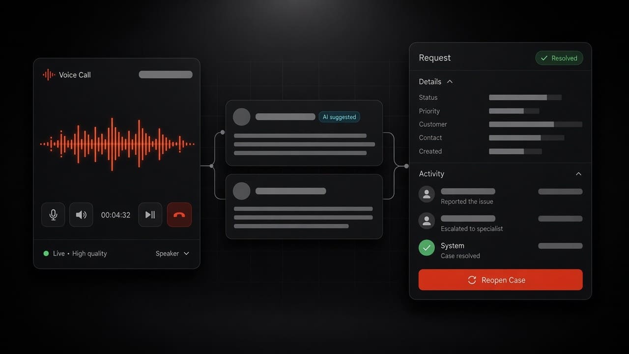 Voice console with a live waveform, a transcript, and a hold-to-talk control.