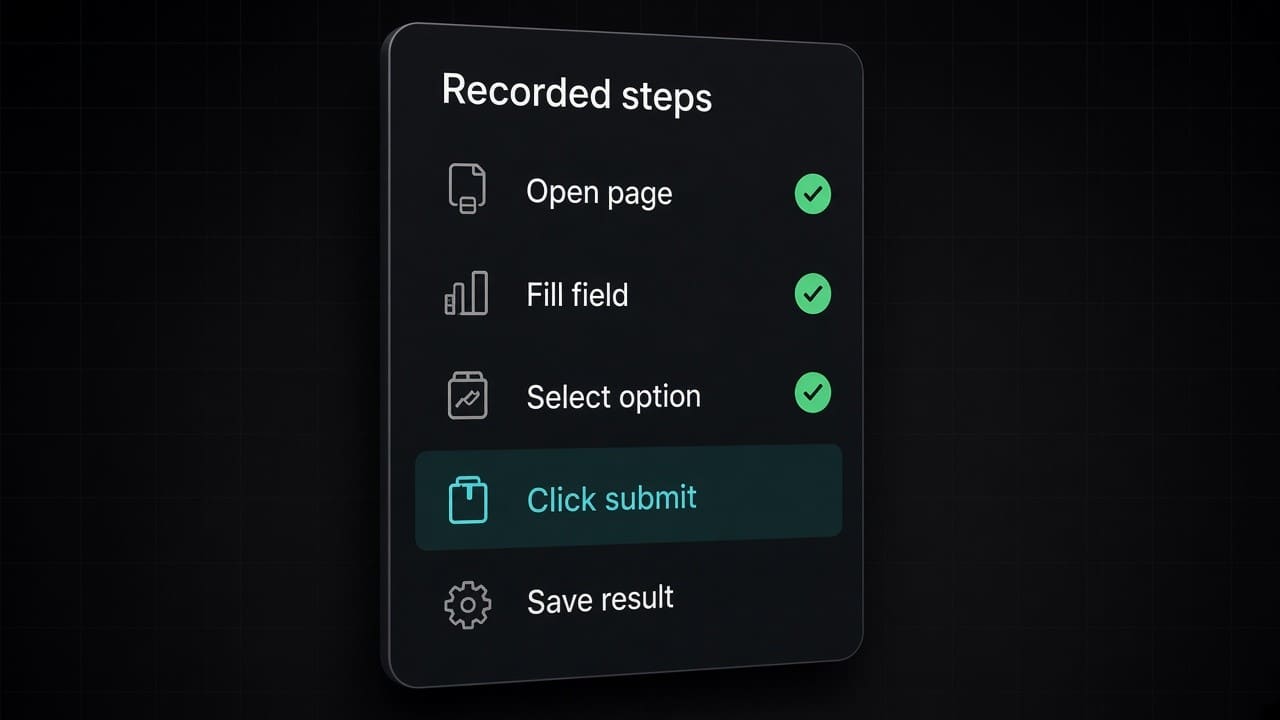 Automation run with a step checklist beside a captured page.