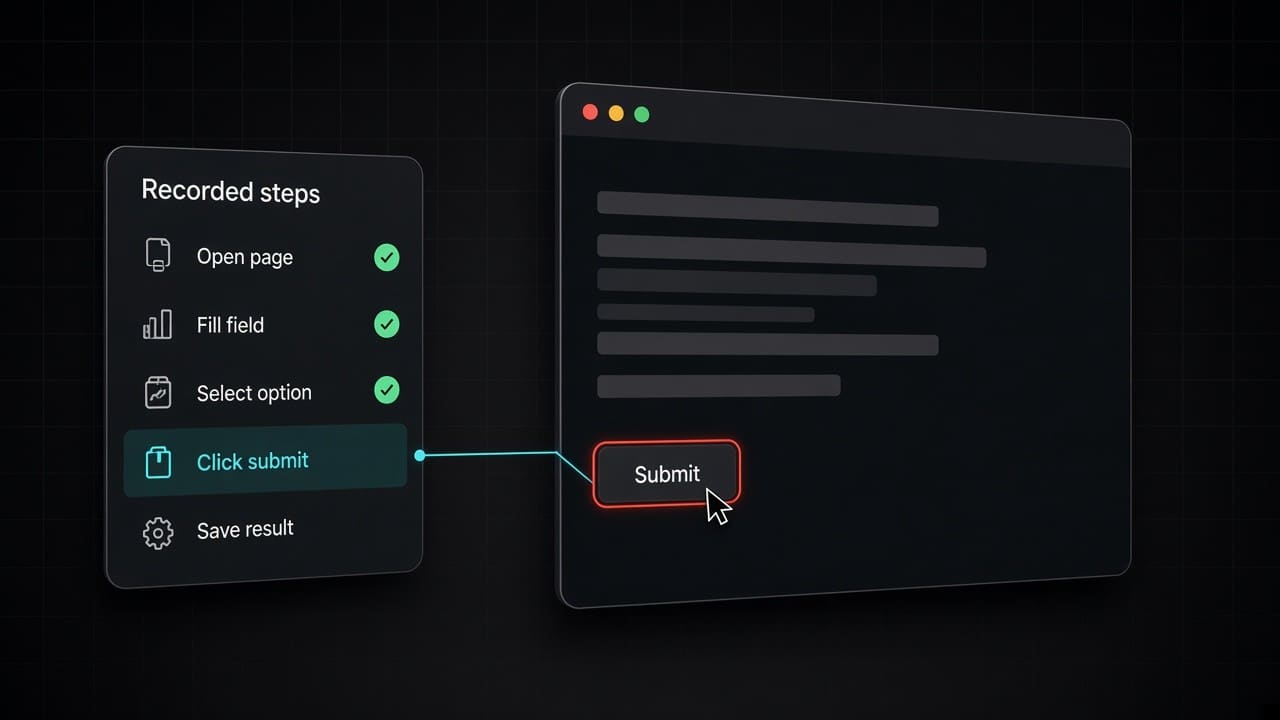 Browser window with a recorded step list and a highlighted control on the page.