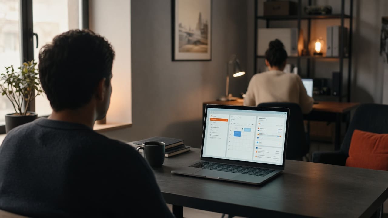 A person at a service counter with a laptop and a notepad, seen from the side so the face stays out of view