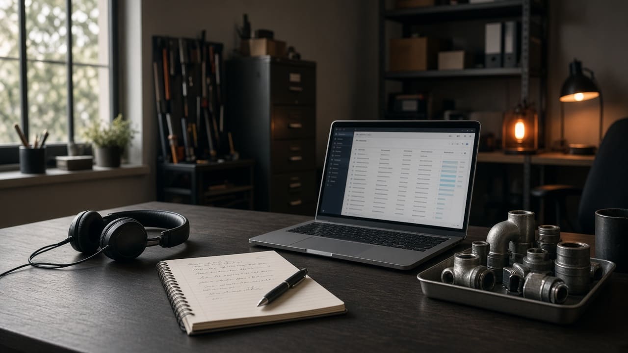 A plumbing company dispatch desk with a headset, call notes, and a laptop