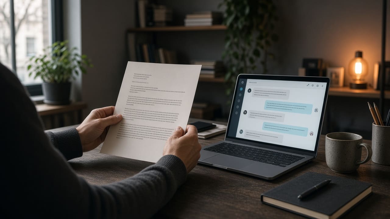 A person pastes a quote into a chat window on an office laptop