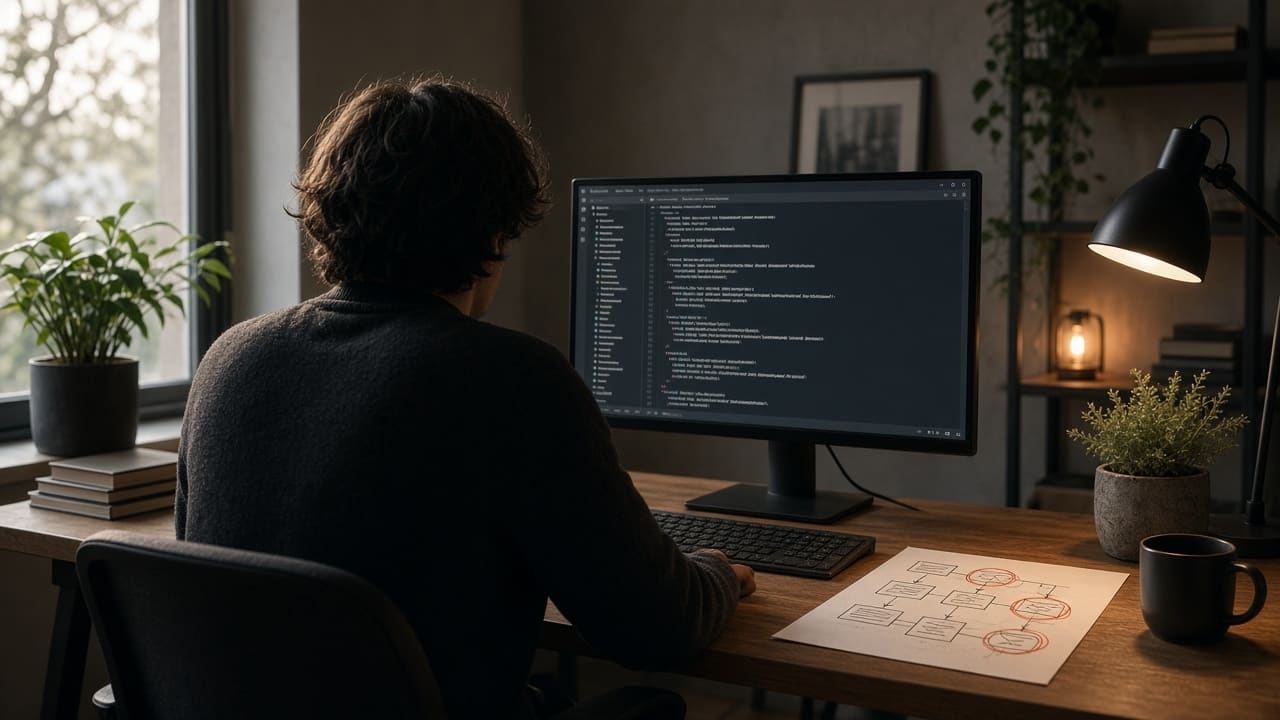 A laptop on a desk showing a text file, with a notebook and a pen beside it and no person in the frame