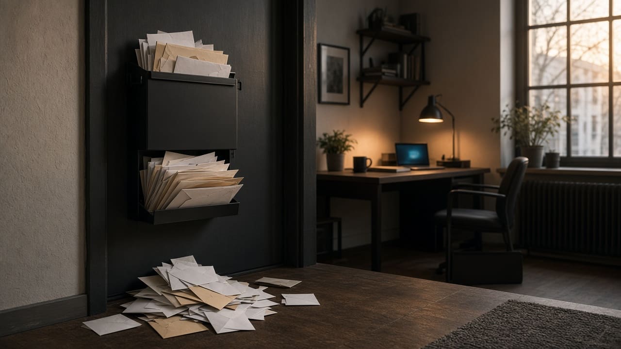 Unopened mail piling up at a small office mailbox