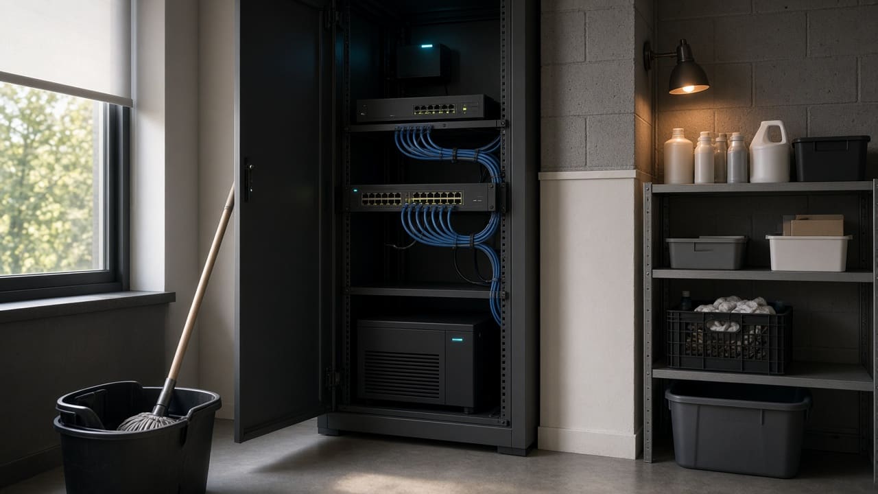 A small business network closet with blinking router and switch lights