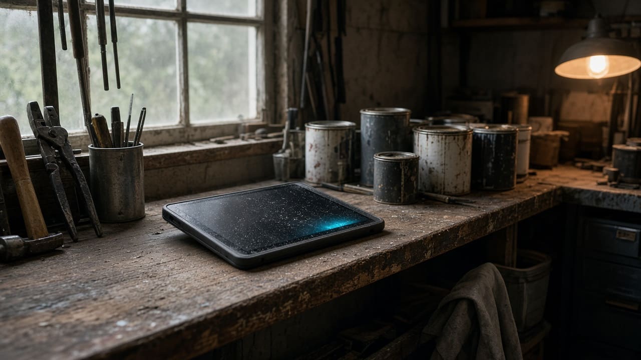 A tablet left unused on a workshop shelf among tools