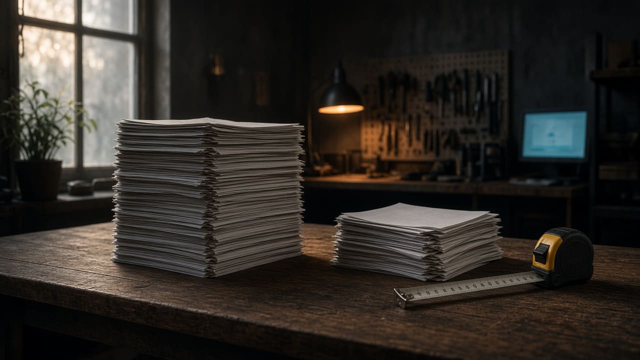 Two stacks of paper of very different heights on a planning table with a tape measure