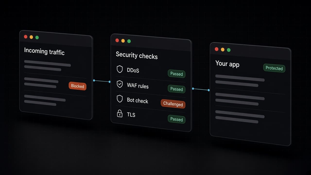 A dark software screen where an Incoming traffic panel, with one request marked Blocked, connects to a Security checks panel listing DDoS, WAF rules, Bot check and TLS, which connects to a Your app panel marked Protected