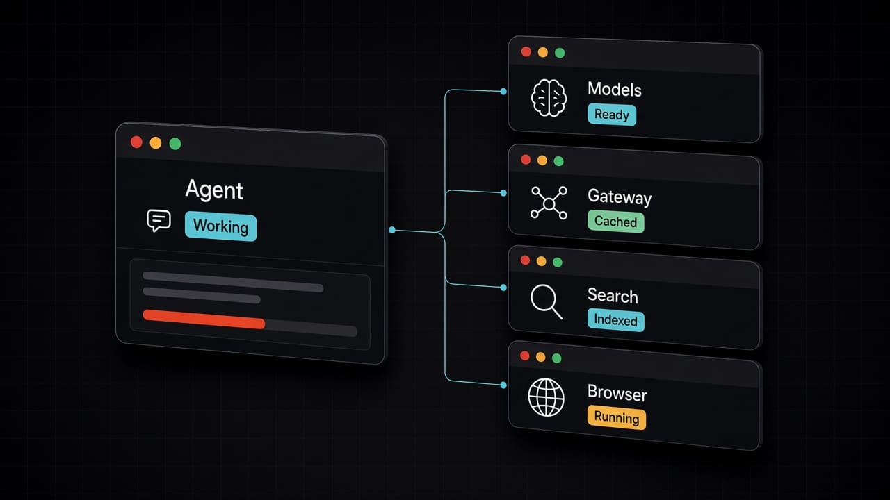An Agent panel marked Working, joined by thin connector lines to four tool cards labelled Models, Gateway, Search and Browser, each with its own status pill