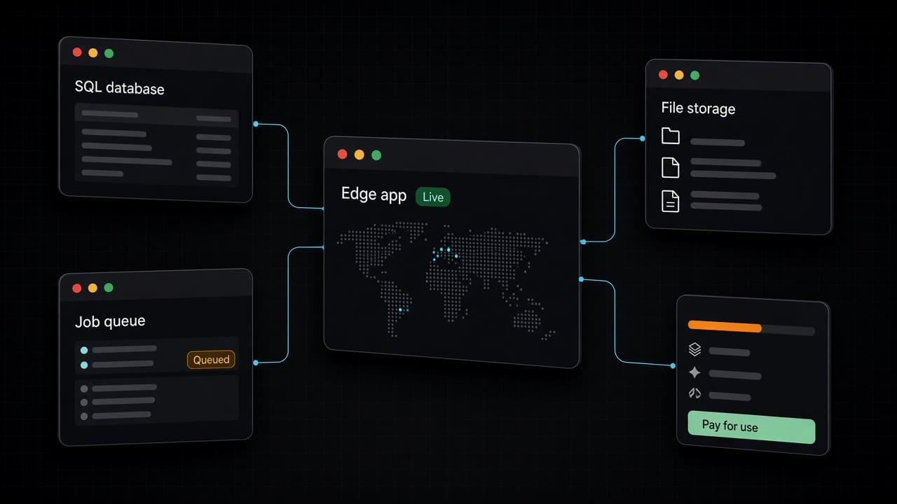 An Edge app panel marked Live with a dotted world map, joined to panels for a SQL database, file storage, a job queue marked Queued, and a usage card marked Pay for use
